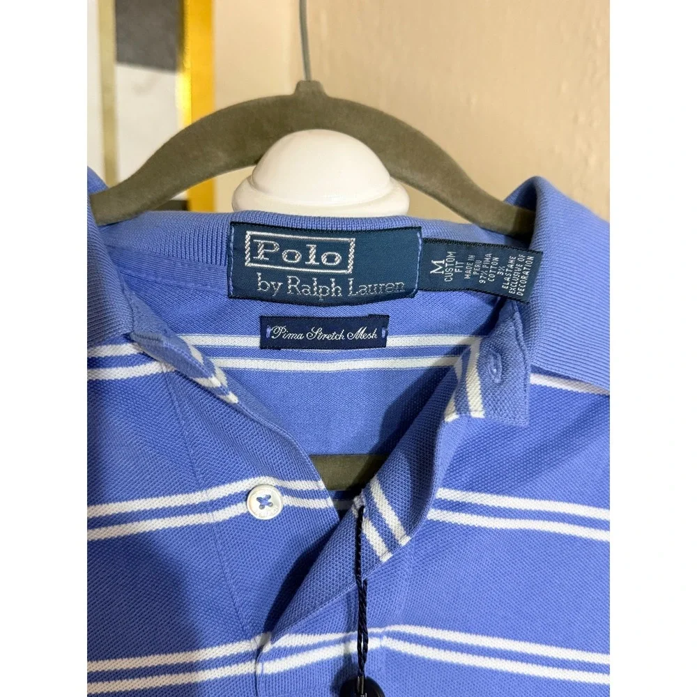 Polo Ralph Lauren Mens Blue White Striped Pima Stretch Mesh Polo Shirt Med NWT